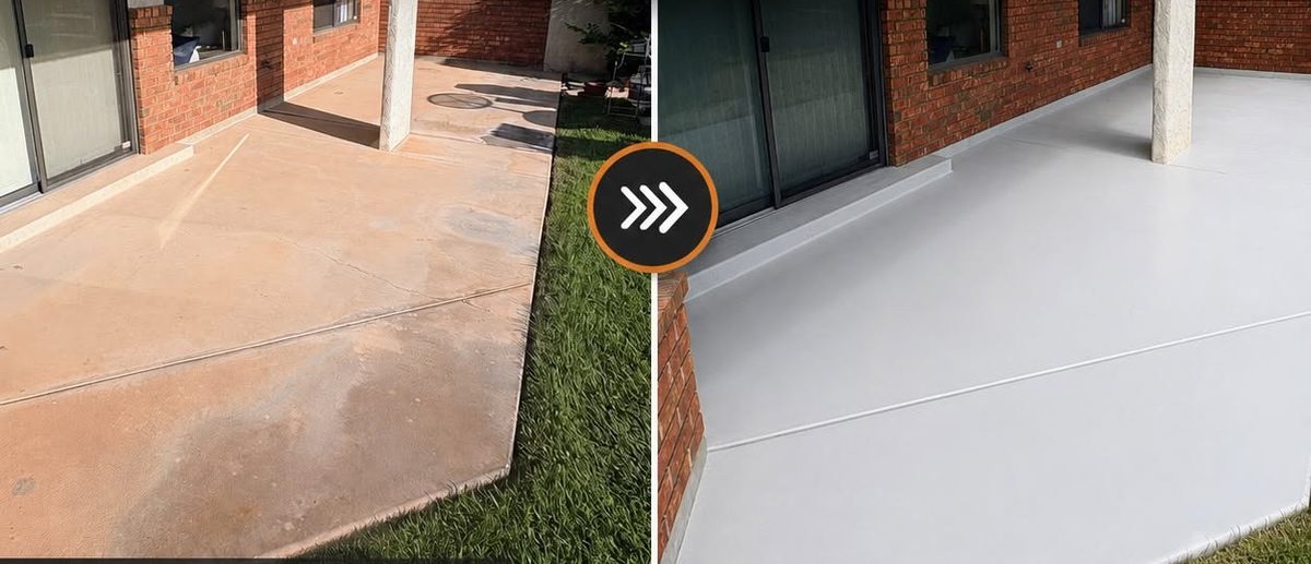A covered concrete patio before and after coating, stained and patchy on the left and an even finish on the right.