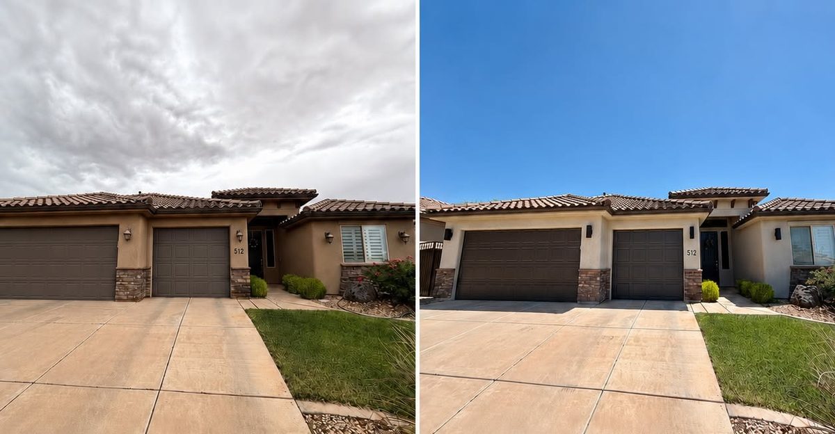 A St. George home before and after a full exterior repaint, with faded stucco on the left and fresh colour on the right.