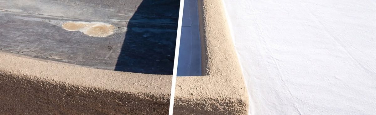 A residential flat roof before and after coating, with ponding stains and worn membrane on the left and a uniform white surface on the right.